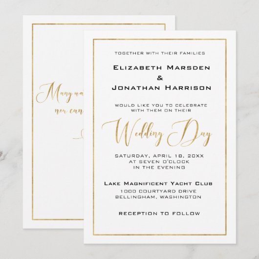 エレガントなブラックとゴールドのスクリプトとボーダー結婚式 招待状 (正面/裏面)