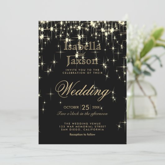 エレガントなブラックとゴールドのスターライト ウェディング 招待状 (スタンド正面)