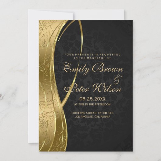 エレガントなブラックとゴールドのダマスク ウェディング 招待状 (正面)