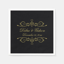 エレガントなブラックとゴールドのハート フローリッシュ ウェディング スタンダードカクテルナプキン