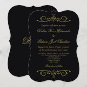 エレガントなブラックとゴールドのハート フローリッシュ ウェディング 招待状 (正面/裏面)