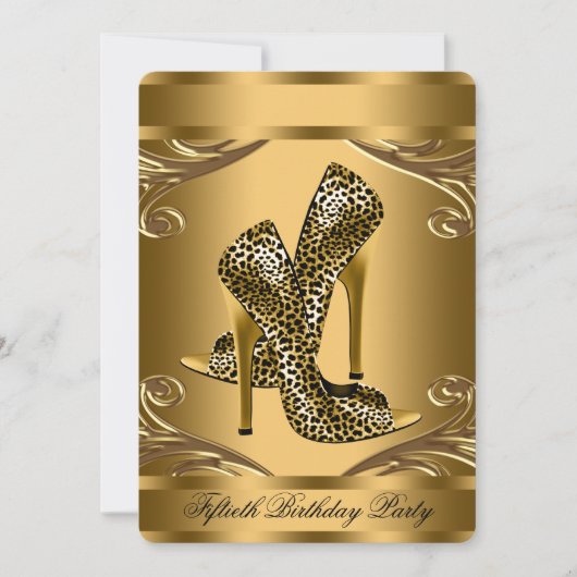エレガントなブラックとゴールドのヒョウ柄の靴の誕生日パーティー 招待状 (正面)