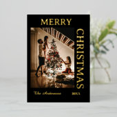 エレガントなブラックとゴールドのホリデー写真カード 箔シーズンカード (立ち正面)