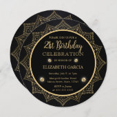 エレガントなブラックとゴールドのマンダラ 21歳の誕生日 招待状 (正面/裏面)