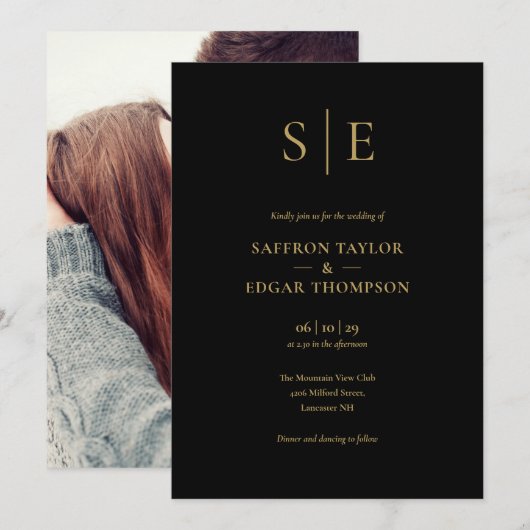 エレガントなブラックとゴールドのモノグラム写真ウェディング 招待状 (正面/裏面)