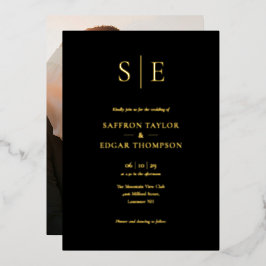 エレガントなブラックとゴールドのモノグラム写真ウェディング 箔招待状