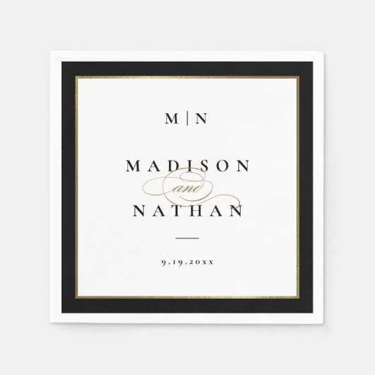 エレガントなブラックとゴールドのモノグラム ウェディング スタンダードカクテルナプキン (正面)