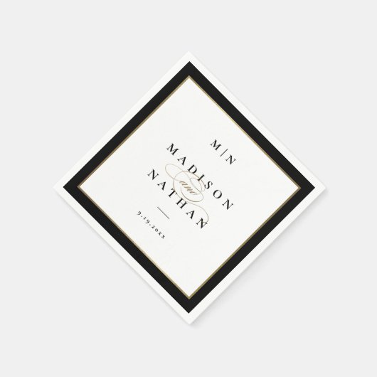 エレガントなブラックとゴールドのモノグラム ウェディング スタンダードカクテルナプキン (角)