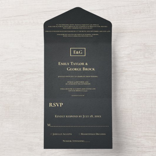 エレガントなブラックとゴールドのモノグラム ラスティック ウェディング オールインワン招待状 (内側)