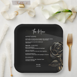 エレガントなブラックとゴールドのローズウェディング ペーパープレート