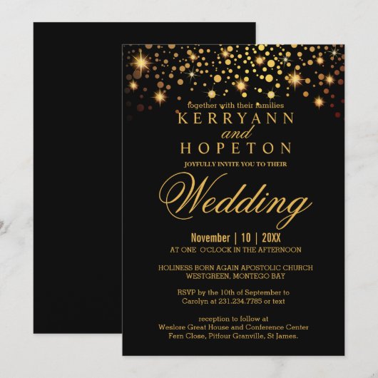 エレガントなブラックとゴールドの偽のホログラムドットの招待状 招待状 (正面/裏面)