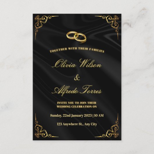 エレガントなブラックとゴールドの結婚式招待状 エンクロージャーカード (正面)