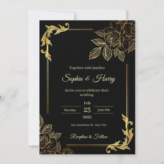 エレガントなブラックとゴールドの結婚式 招待状 (正面)