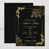 エレガントなブラックとゴールドの結婚式 招待状 (正面/裏面)