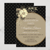 エレガントなブラックとゴールドの花の卒業パーティー 招待状 (正面/裏面)