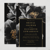 エレガントなブラックとゴールドの花モチーフのブライダルシャワー 招待状 (正面/裏面)