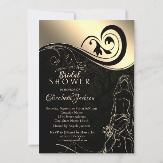 エレガントなブラックとゴールドの花嫁、結婚前のお祝いパーティー 招待状 (正面)