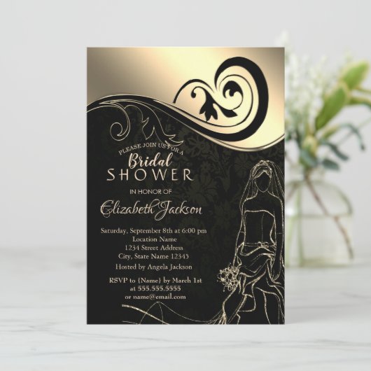 エレガントなブラックとゴールドの花嫁、結婚前のお祝いパーティー 招待状 (スタンド正面)
