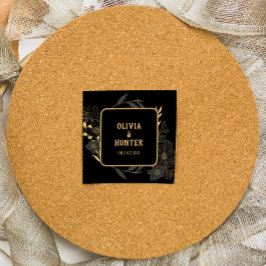 エレガントなブラックとゴールドの花柄のウェディングステッカー スクエアシール