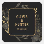エレガントなブラックとゴールドの花柄のウェディング スクエアシール (正面)