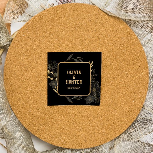 エレガントなブラックとゴールドの花柄のウェディング スクエアシール