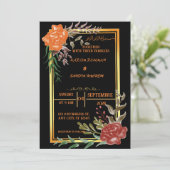 エレガントなブラックとゴールドの花柄のムスリムウェディング招待状 招待状 (スタンド正面)