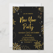 エレガントなブラックとゴールドの花火 新年の夜 招待状 (正面)