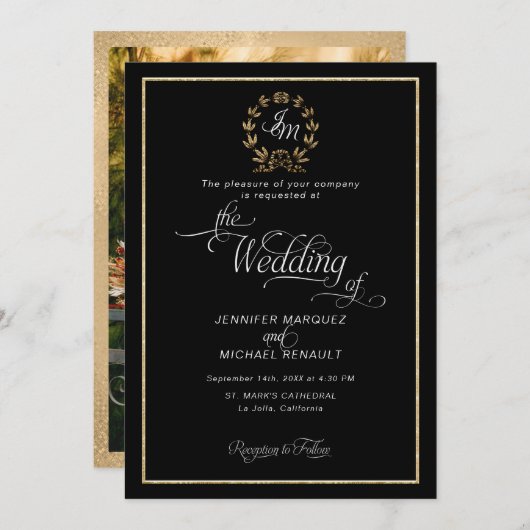 エレガントなブラックとゴールドの花輪モノグラム写真ウェディング 招待状 (正面/裏面)