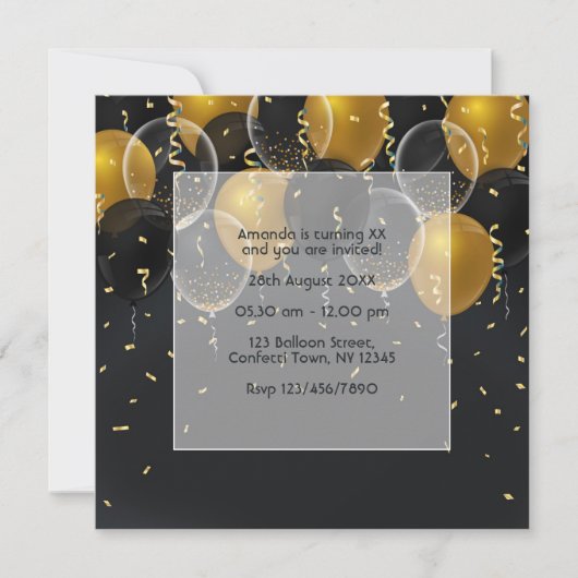 エレガントなブラックとゴールドの風船の誕生日 招待状 (正面)