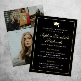エレガントなブラックとゴールドの3枚写真 卒業式 箔招待状