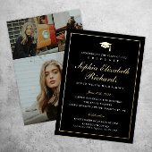 エレガントなブラックとゴールドの3枚写真 卒業式 箔招待状