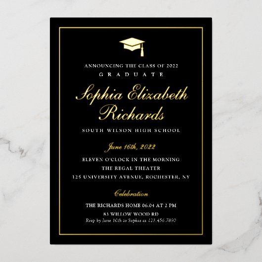 エレガントなブラックとゴールドの3枚写真 卒業式 箔招待状 (正面)