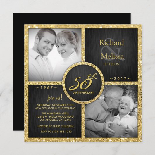 エレガントなブラックとゴールドの50周年結婚記念日 招待状 (正面/裏面)