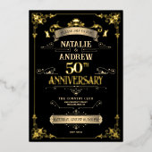 エレガントなブラックとゴールドの50周年記念結婚式 箔招待状 (正面)