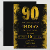 エレガントなブラックとゴールドの90歳の誕生日パーティー 招待状 (正面/裏面)