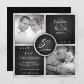 エレガントなブラックとシルバー 5周年結婚記念日 招待状 (正面/裏面)