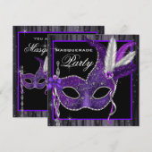 エレガントなブラックとパープルのマスカレードパーティー 招待状 (正面/裏面)