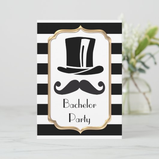 エレガントなブラックとホワイトのストライプのバチェラーパーティー 招待状 (スタンド正面)