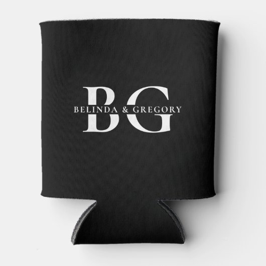 エレガントなブラックとホワイトのモノグラムイニシャルウェディング 缶クーラー (正面)