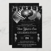 エレガントなブラックとホワイトの冬の宝玉 年末年始 招待状 (正面/裏面)