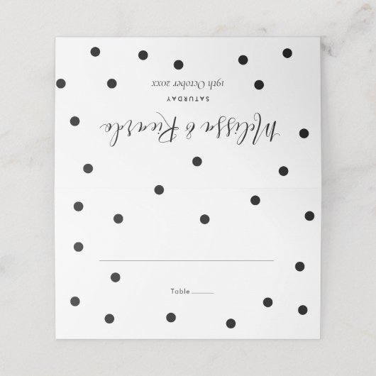 エレガントなブラックとホワイトの水玉模様のウェディング プレイスカード (外部開封)