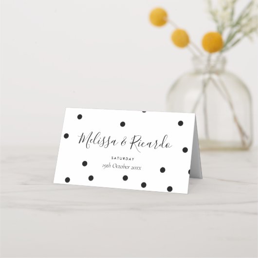 エレガントなブラックとホワイトの水玉模様のウェディング プレイスカード (裏面)