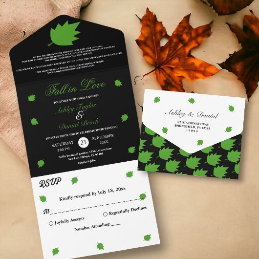 エレガントなブラックとホワイトの秋の恋に落ちる ウェディング オールインワン招待状