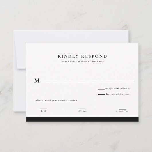 エレガントなブラックとホワイトの結婚式返信カード 招待状 (正面)