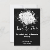 エレガントなブラックとホワイトの花柄の「Save the Date」カード 出欠カード (正面)