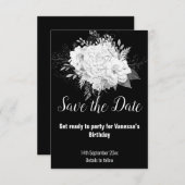 エレガントなブラックとホワイトの花柄の「Save the Date」カード 出欠カード (正面/裏面)