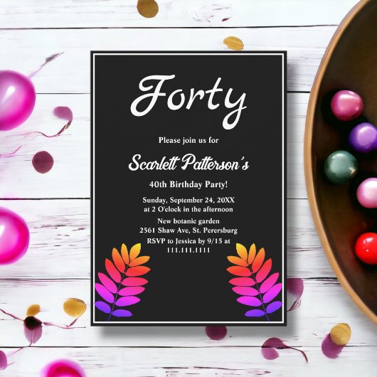 エレガントなブラックとホワイトの輝く葉 40歳の誕生日 招待状