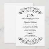 エレガントなブラックとホワイトの75歳誕生日パーティー 招待状 (正面/裏面)