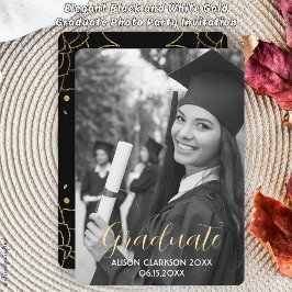 エレガントなブラックとホワイトゴールドの卒業写真パーティー 招待状