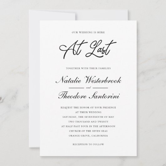 エレガントなブラックとホワイト ついに私たちの結婚式 招待状 (正面)